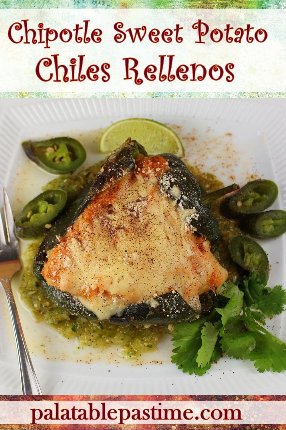 chipotle sweet potato stuffed chiles rellenos pin Palatable Pastime
